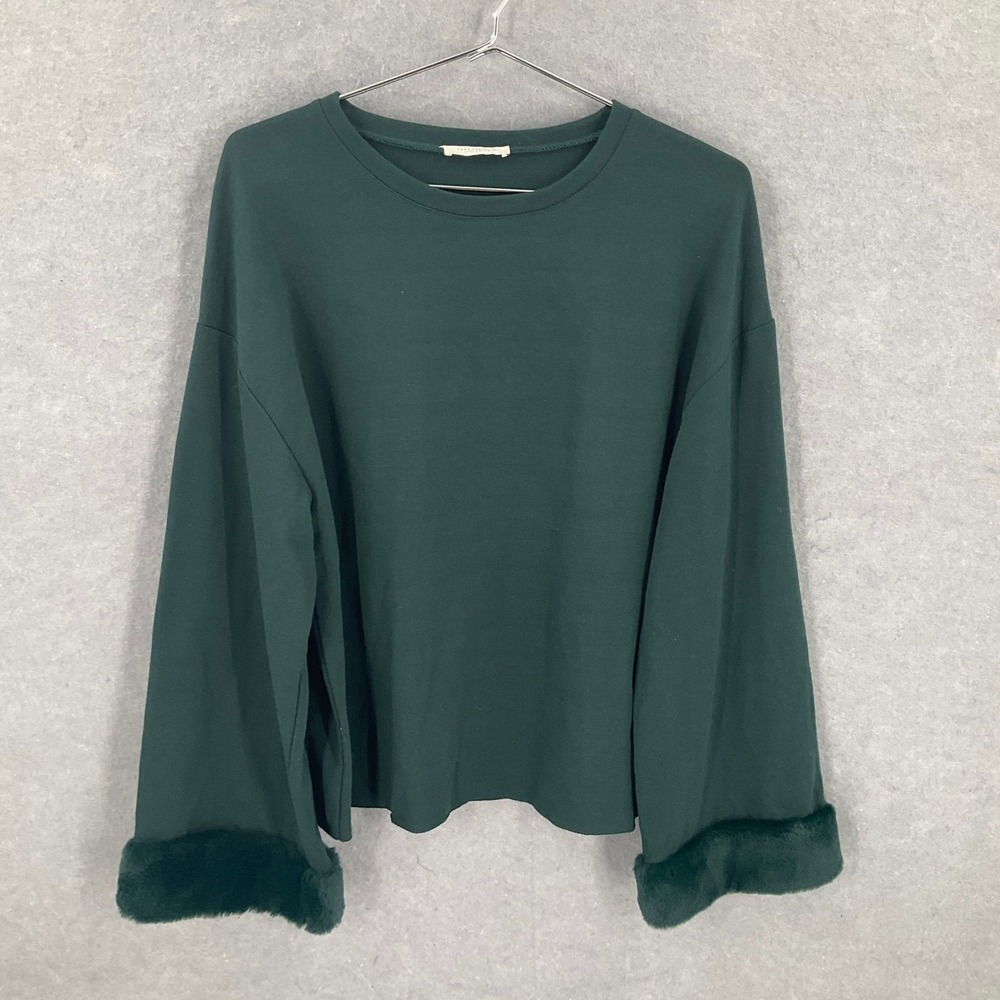 Zara Trafaluc Sweater Top Womens Green Pullover Faux Fur Cuff Mob‎ Wife